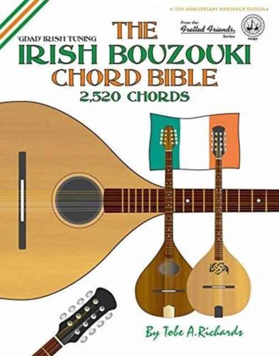 Boek 'The Irish Bouzouki Chord Bible' met Ierse vlag, bouzouki's en mandoline