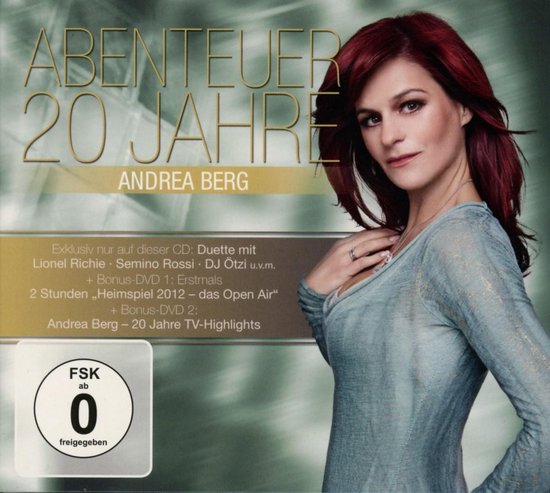 Andrea Berg met rood haar, die een lichtblauwe, doorschijnende top draagt. Tekst: ABENTEUER 20 JAHRE ANDREA BERG.