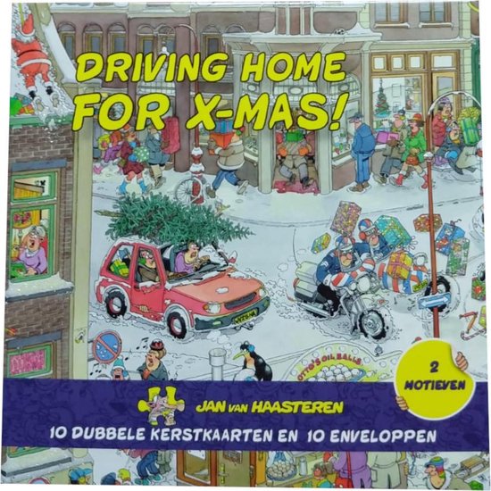 Driving home for X-mas! Een auto met kerstboom, motor en stadstaferelen.