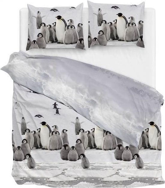 Zo! Home Pinguin - Flanel - Dekbedovertrek - Lits-jumeaux - 240x200/220 cm + 2 kussenslopen 60x70 cm - Grey