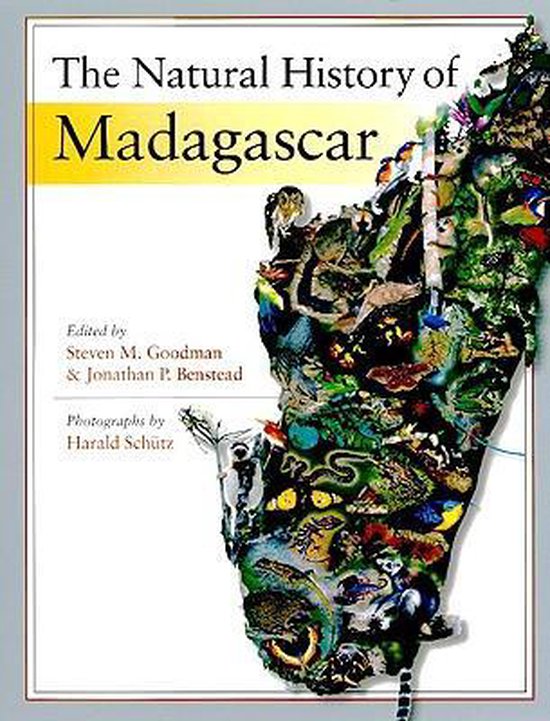 De natuurlijke historie van Madagascar, een boek met een collage van dieren en planten in de vorm van het eiland.