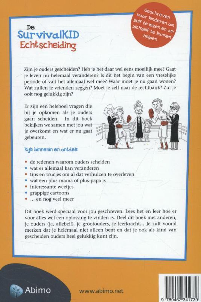 Boekcover: 'De SurvivalKID Echtscheiding'. Illustratie van boksend gezin.