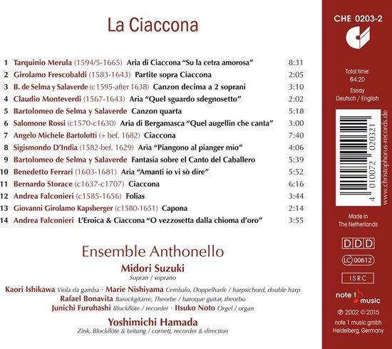 CD-hoes met de titel 'La Ciaccona', tracklist en uitvoerders Midori Suzuki en Ensemble Anthonello.