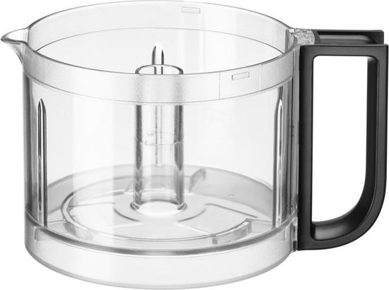 Transparante kan met zwart handvat voor een KitchenAid hakmolen.