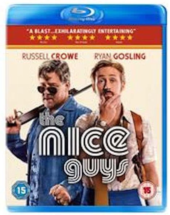 Blu-ray hoes van 'The Nice Guys' met Russell Crowe en Ryan Gosling, beiden met 70s-stijl kleding.