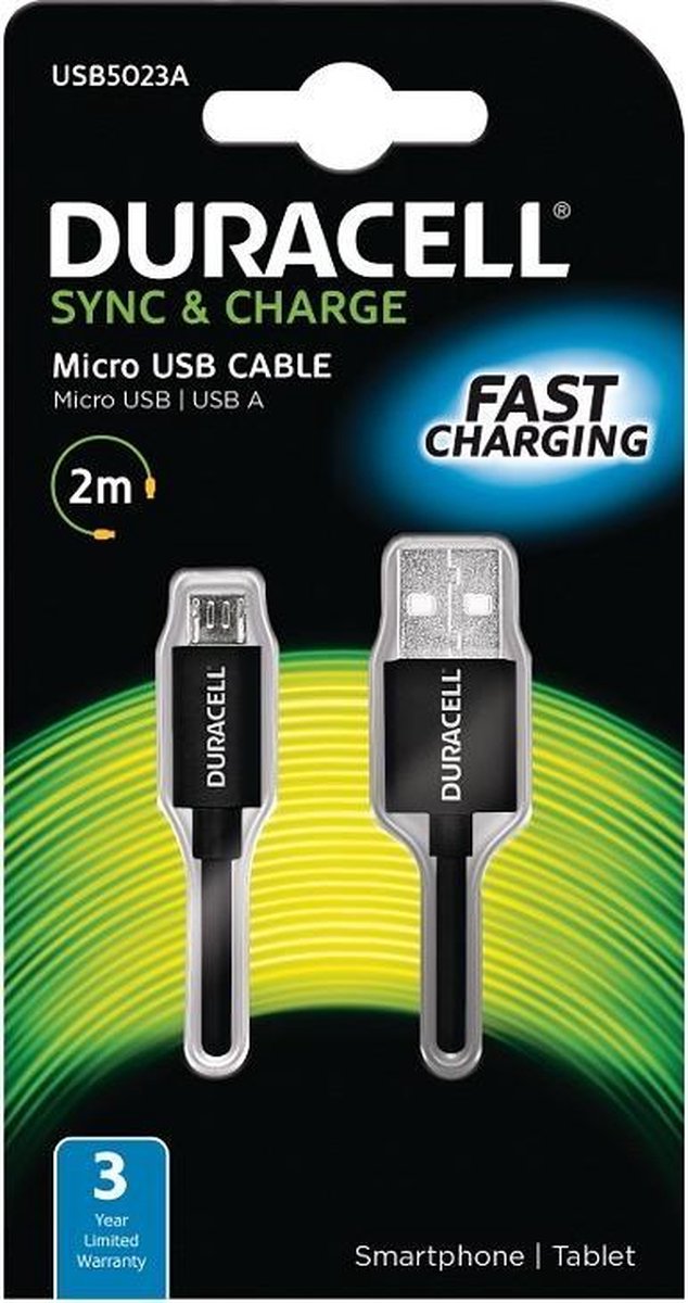 Duracell - USB 2.0 A Male naar USB 2.0 Micro Male - 2 m