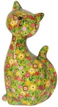 XL spaarpot kat/poes groen met flamingos en bloemen 30 cm - Dieren spaarpotten