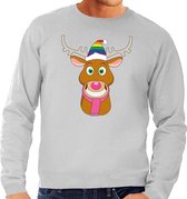 Foute kersttrui / sweater Gay Ruldolf met regenboog muts en roze sjaal grijs voor heren - Kersttruien XL (54)
