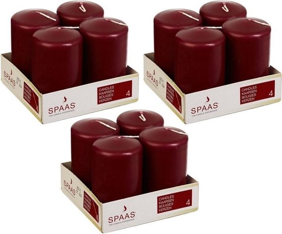 12x Bordeaux rode cilinderkaarsen/stompkaarsen 5 x 8 cm 12 branduren - Geurloze kaarsen - Woondecoraties