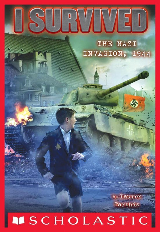 Een jongen rent weg van een brandende tank, met de titel 'I SURVIVED THE NAZI INVASION, 1944'.