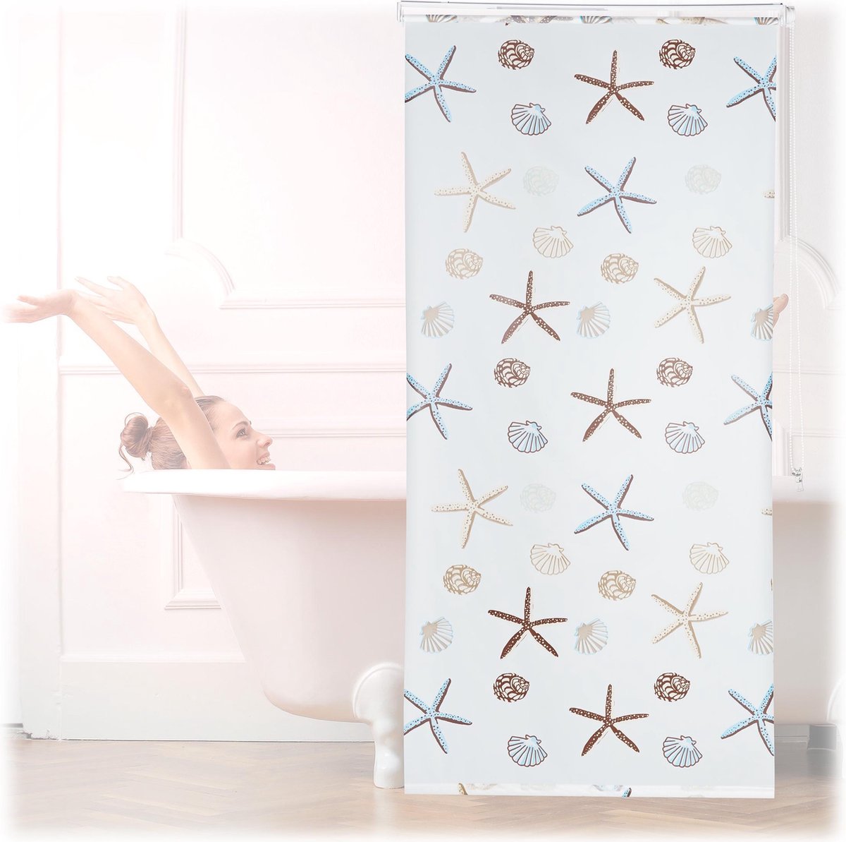Relaxdays doucherolgordijn Ocean - douchegordijn met rolsysteem - schelpen design - 100x240cm