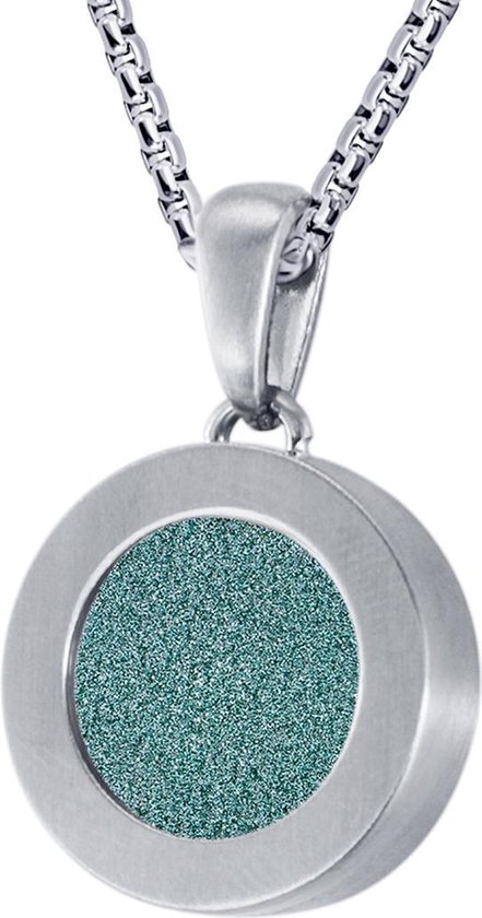 Quiges Mini Pendentif Pièce 12mm Acier Inoxydable Argenté Mat avec Pièce Turquoise Glitter et Chaîne Boules 42-46cm