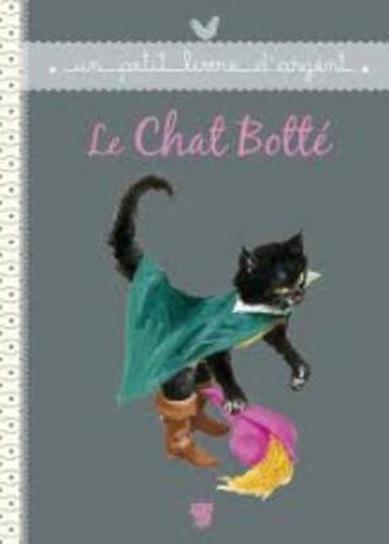Livre 'Le Chat Botté' avec un chat noir dans une cape verte, bottes marron et un chapeau rose.