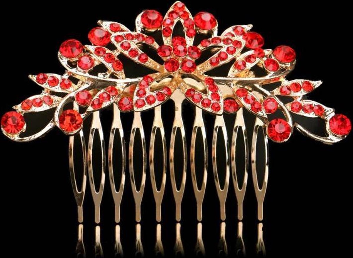 Elegante Goudkleurige Haarkam Flower met Rode Kristallen