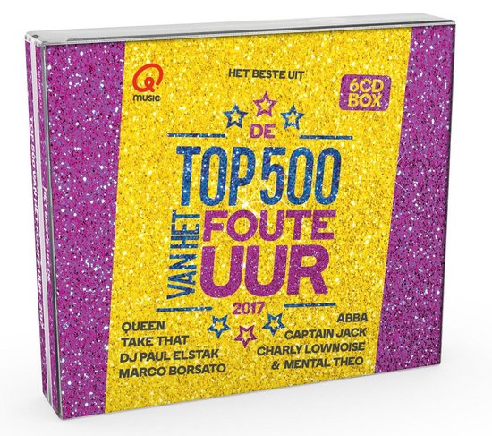 CD-hoes met gouden glitter achtergrond en paarse glitter confetti. Tekst: Qmusic Het Beste Uit De Top 500 Van Het Foute Uur 2017.