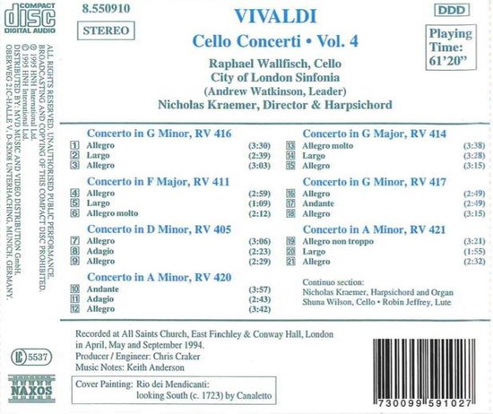 CD-hoes Vivaldi Cello Concerti Vol. 4. Lijst van tracks en uitvoerders. Achterkant met barcode.