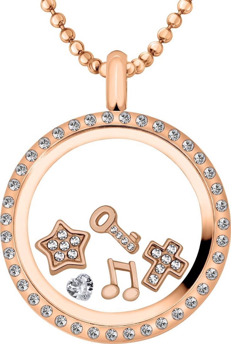 Quiges Memory Medaillon 30mm met Ketting 90cm en 5 Floating Charms - RVS - Roségoudkleurig - CLS009