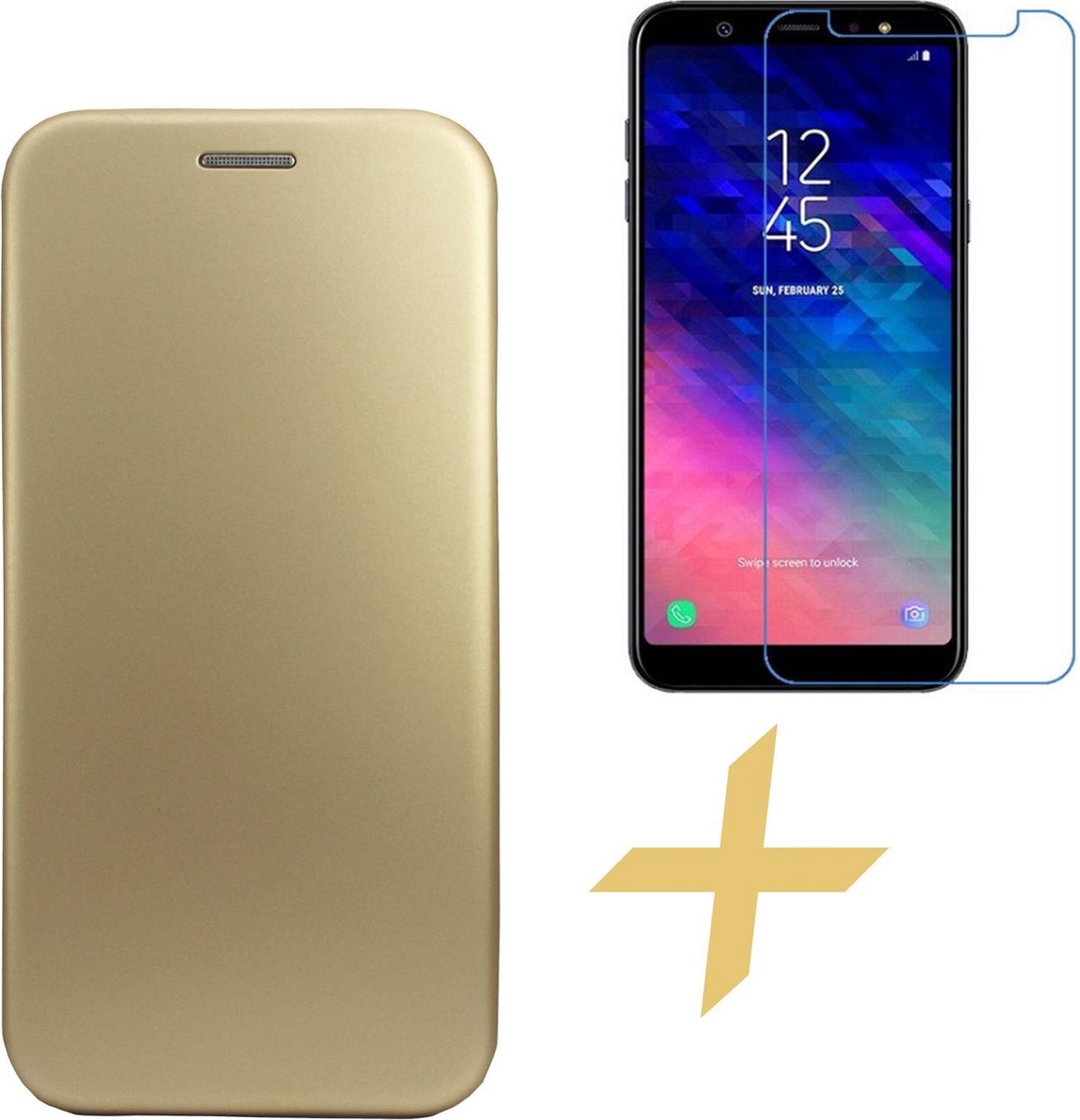 Hoesje geschikt voor Samsung Galaxy A6 (2018) - Kunstlederen Wallet Book Case Cover Portemonnee Goud + Screenprotector Gehard Glas - van iCall