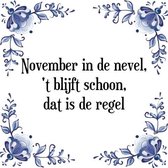 Tegeltje met Spreuk (Tegeltjeswijsheid): November in de nevel, 't blijft schoon, dat is de regel + Kado verpakking & Plakhanger