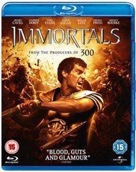 Blu-ray hoes van Immortals met Henry Cavill die woedend een zwaard vasthoudt.