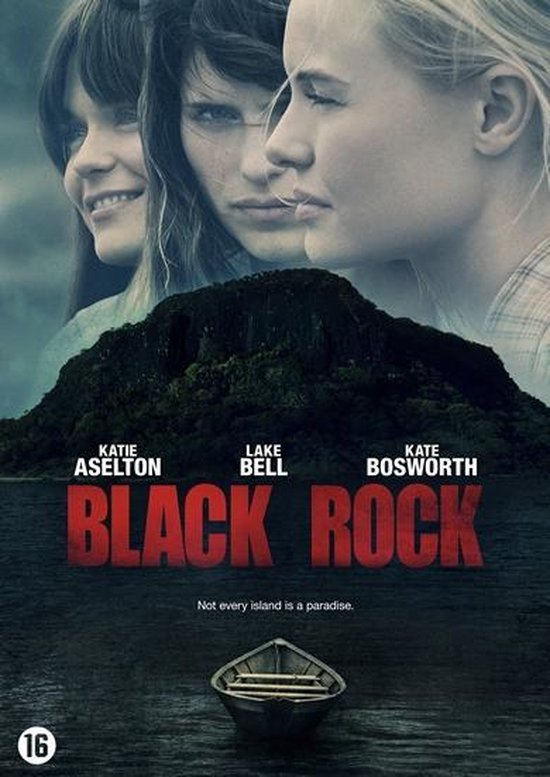 Poster van de film 'Black Rock' met drie vrouwen, een berg en een bootje op een meer.