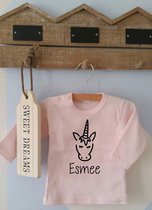 Shirtje roze Unicorn met naam | Lange of korte mouw | lichtroze| maat 56-110