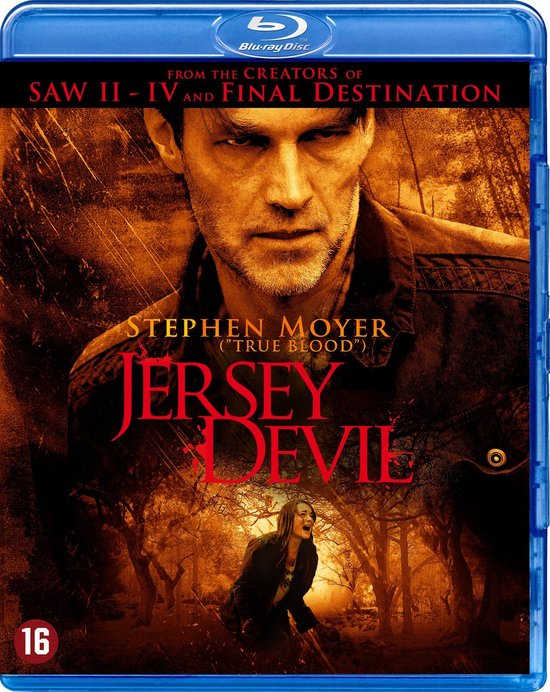 Blu-ray hoes van de film Jersey Devil met Stephen Moyer en een vrouw in een bos.