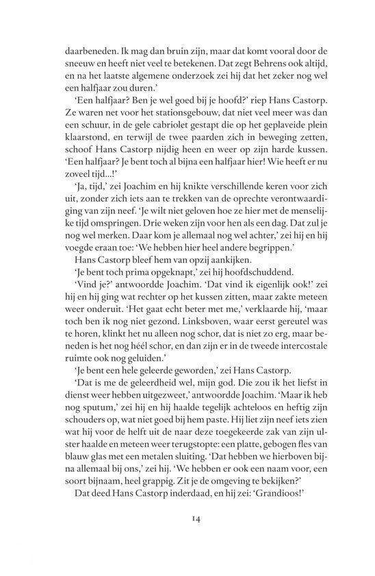 Tekstpagina uit een boek met een dialoog tussen Hans Castorp en Joachim Ziemssen over hun verblijf in het sanatorium.