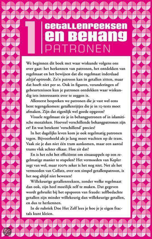 Boek "Getallenreeksen en behangpatronen" met tekst over het herkennen van patronen in getallen, figuren en het dagelijks leven.