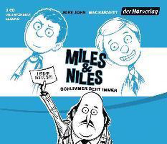 Boekomslag met tekeningen van drie mannen. Twee jongens in cartooneske stijl kijken naar de kijker. Een man met snor houdt een kaartje omhoog met tekst. Twee cd's en luisterboek.