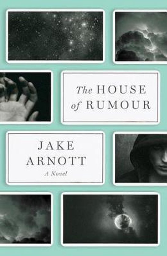 Boekomslag voor 'The House of Rumour' van Jake Arnott, met gestileerde afbeeldingen van sterren, wolken, handen en een maan.