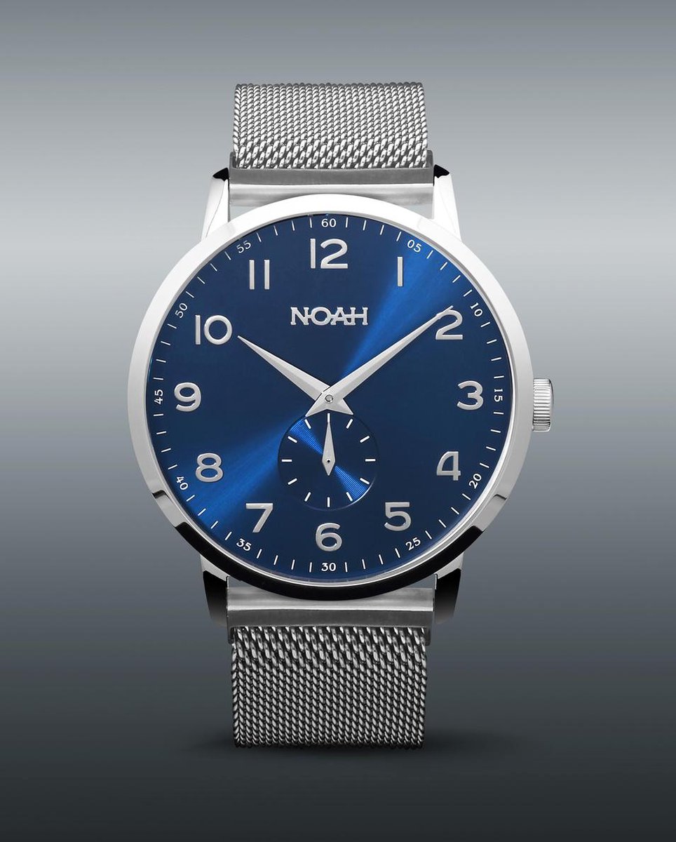 NOAH Slimline Blue steel - Horloge - Saffierglas - Soepele milanese band - Ø 43 mm - blauw-zilver