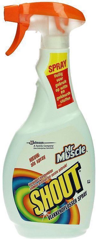 Mr Muscle Shout sprayfles met oranje trigger. Tekst: "NIEUW: als spray", "SHOUT VLEKKENOPLOSSER SPRAY".