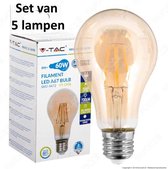 Retro LED lamp Amber glas | ø = 67mm  L = 123mm | 2200K Warm Wit | E27 8W vervangt 60W | Set van 5 stuks