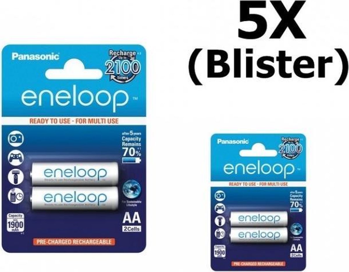 10 Stuks (5 Blister a 2st) AA Panasonic eneloop Oplaadbare Batterij AA HR6