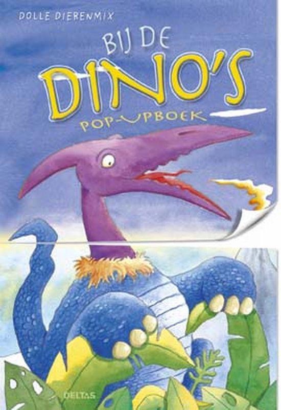 Pop-up boek 'Bij de Dino's' met een paarse Pterodactylus en een blauwe dino met gele ogen.