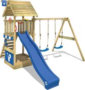 WICKEY Speeltoestel voor tuin Smart Shelter met schommel en blauwe glijbaan, Houten speeltuig, Speeltoren voor buiten met dak, zandbak en klimladder voor kinderen