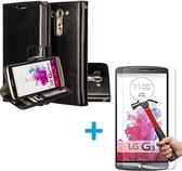 LG G3 Portemonnee hoes zwart met Tempered Glas Screen protector