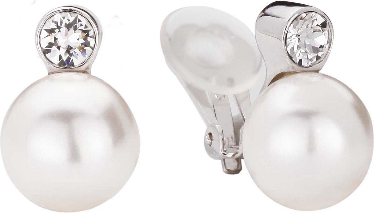 Traveller Clip Oorbellen - Oorclips Dames - Zilverkleurig - Parels - Kristal - Preciosa Crystals - Parel 12 mm - Wit - Pareloorclips 15 mm - 113487