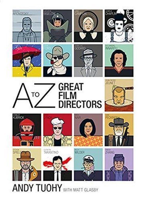 Couverture de livre 'A to Z Great Film Directors' avec des illustrations de 16 réalisateurs de cinéma