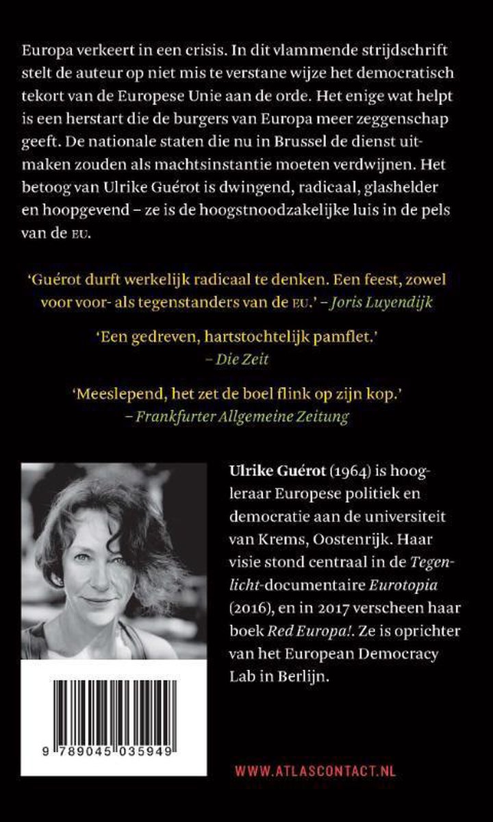 Achterkant boek met tekst, een foto van Ulrike Guérot en een barcode.