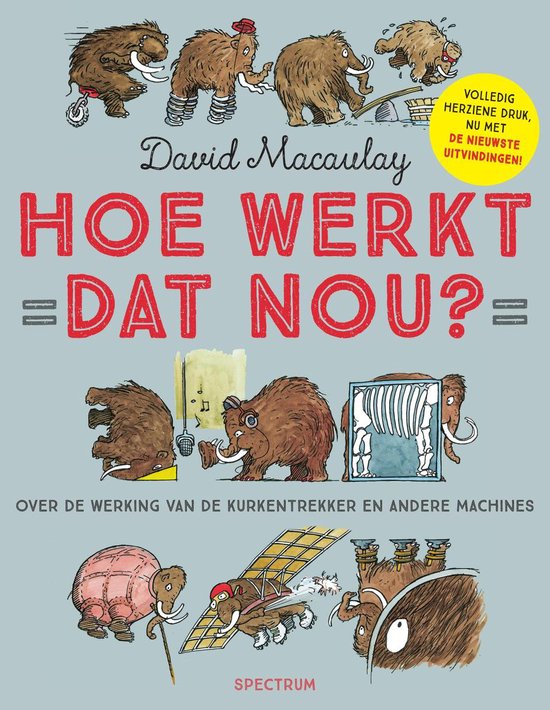 Livre "Comment ça marche ?" avec des dessins de mammouths opérant des machines.