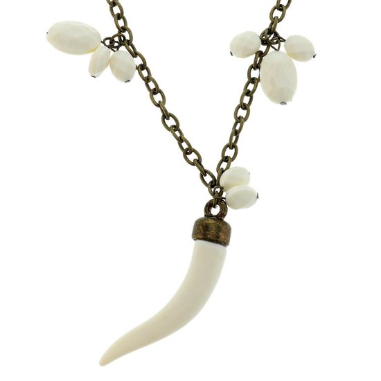 Lange ketting antiek-goudkleur met witte kralen hangers en tand | bol.com