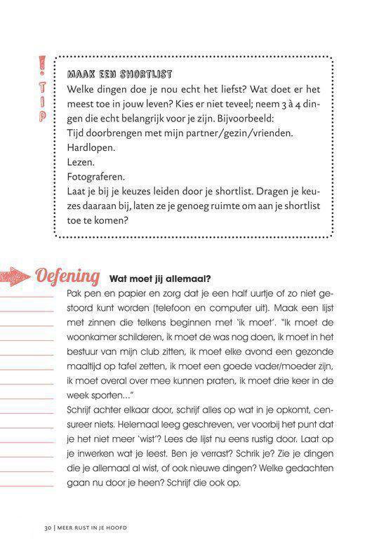 Pagina uit een boek met de titel 'Maak een shortlist' en 'Defening'. Tekst en oefeningen over keuzes maken en loslaten.