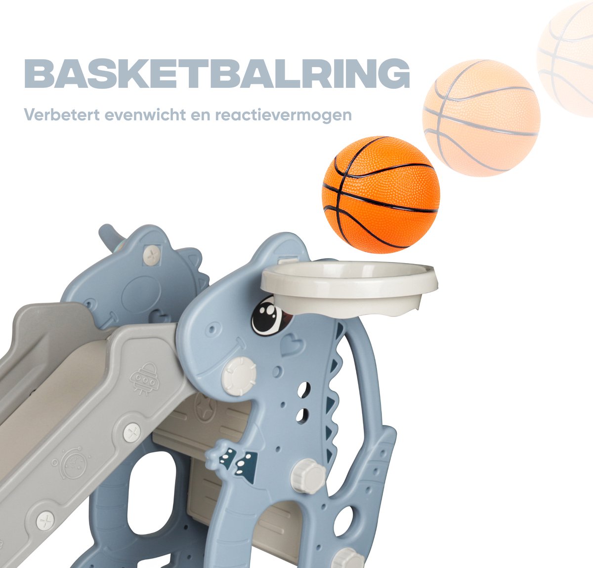 Rockerz Premium Glijbaan - Voor binnen en buiten - Speelplezier gegarandeerd - Opvouwbaar - Veilige dichte trap - Ringen spel - Basketbal ring (inclusief bal) - Muziek beertje - Kleur: Blauw — afbeelding 8