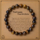 Armband van tijgeroog kralen met de tekst 'Patronen Doorbreken' en een uitleg over de steen.