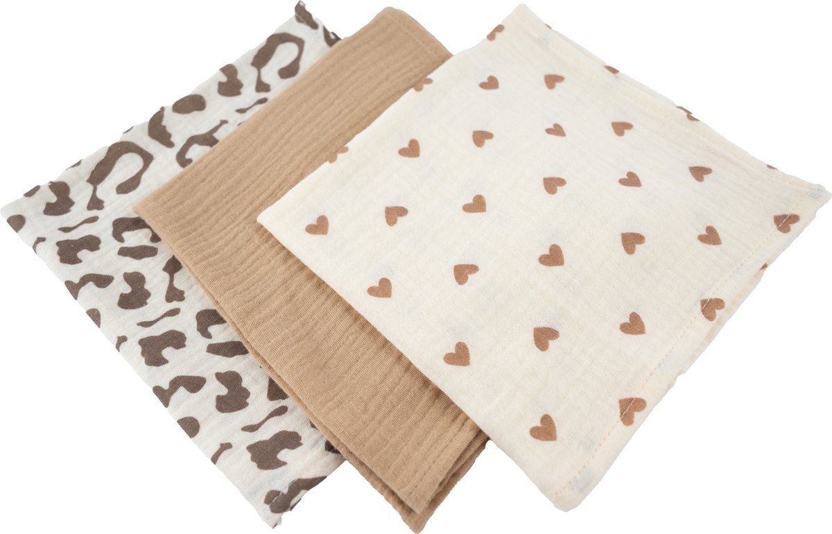 Goedkoopste Honeybears hydrofiele doeken – 3 stuks - Inbakerdoek hydrofiel baby – Hydrofiele luierdoek – Panter - Hartjes - Bruin – 40 X 38 CM