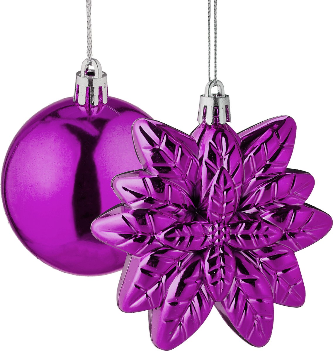 Kerstballen set van 100 - plastic - mat - glanzend - glitters - 10 designs - paars – foto 5