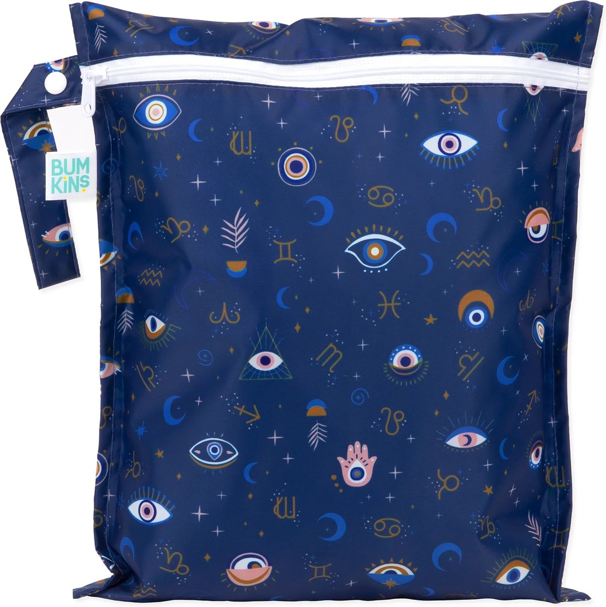 Bumkins Wetbag - Waterdichte Natte Tas voor Wasbare Luiers, Natte Zwemkleding en Vuile Kleding - Met Rits en Ophanglus met Drukknoop - Machinewasbaar - Past ca. 6 Luiers - Evil Eye Boze Oog - Blauw - 30 x 35 cm