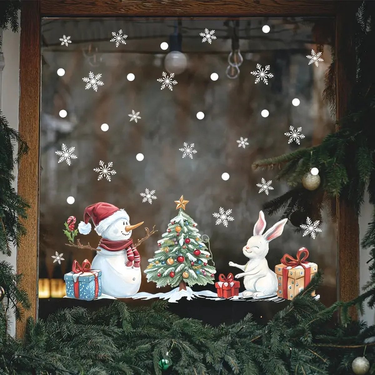 Raamstickers kerst | Sneeuwpop met konijntje, kerstboom, cadeautjes en sneeuwvlokken - Kerstversiering - Raamdecoratie feestdagen